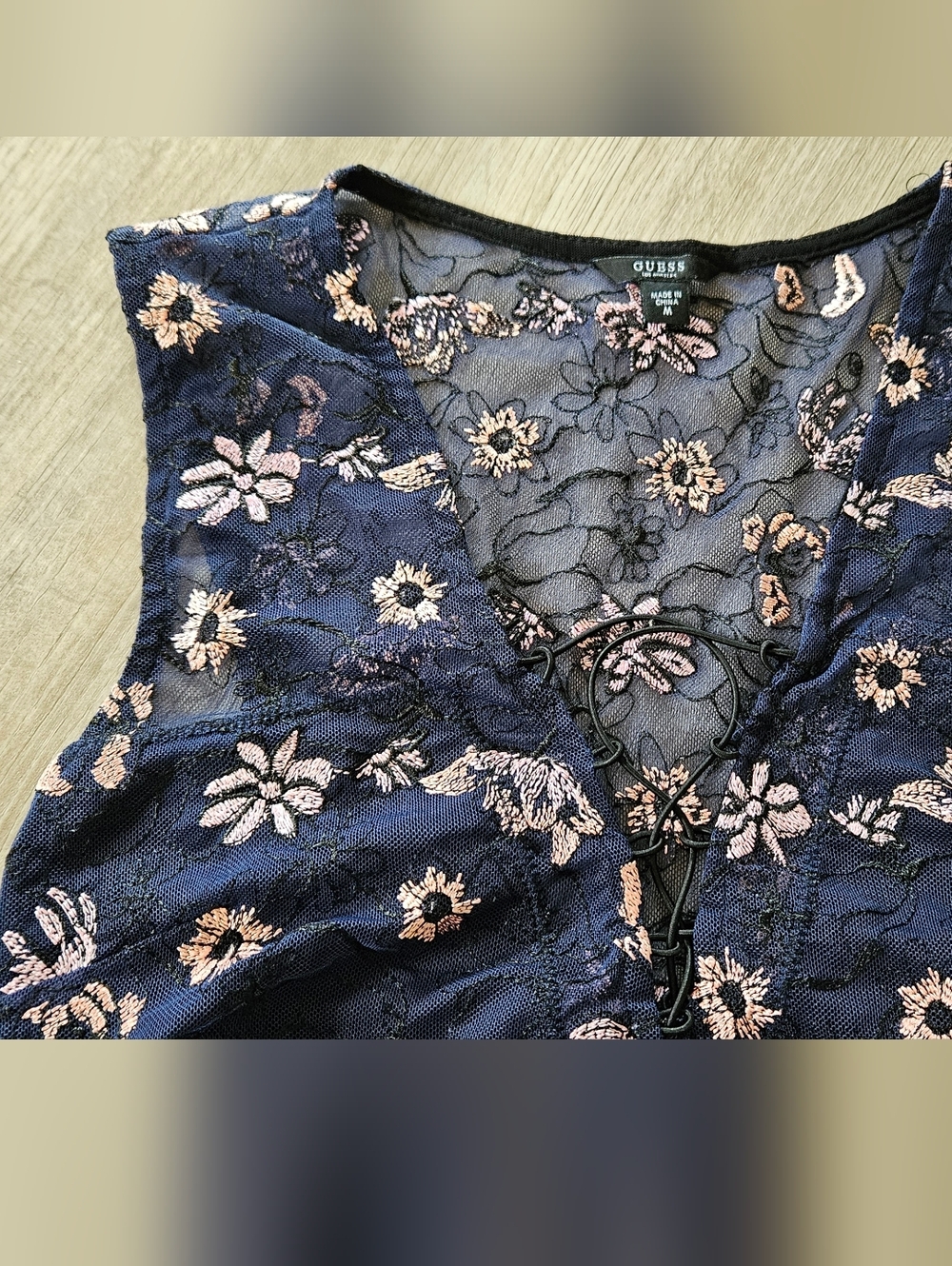 Guess Navy Blue and Pink Floral Lace One-Piece Bodysuit - Picture 2 of 3
